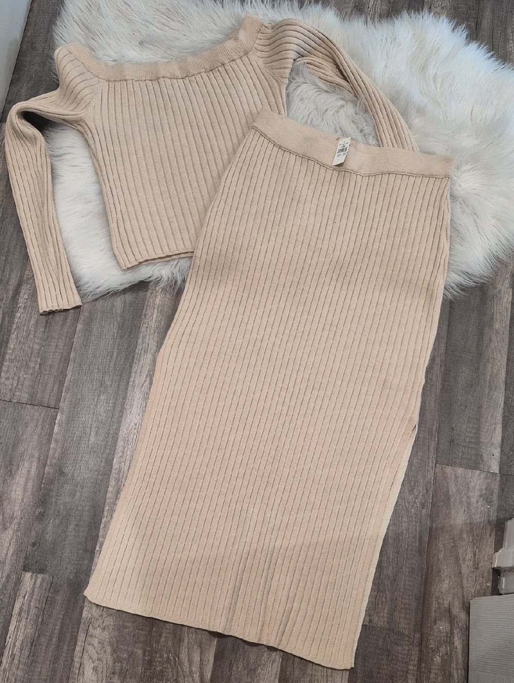 aerie Ribbed Knit Midi Skirt in Light Beige